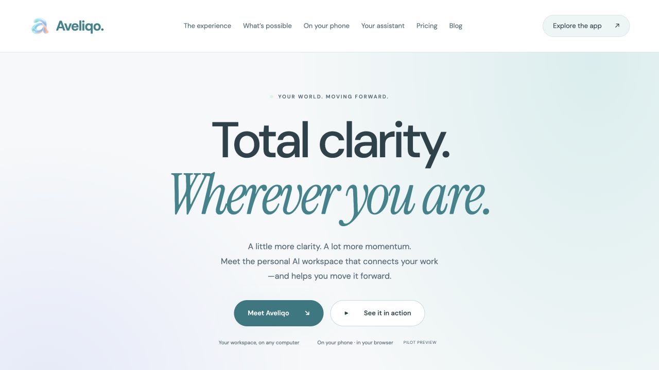 Aveliqo website showing Total clarity. Wherever you are.