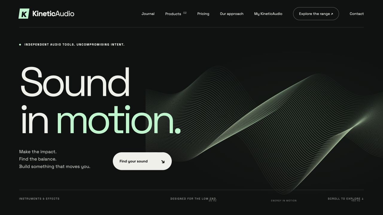KineticAudio website showing Sound in motion and a green sound wave.